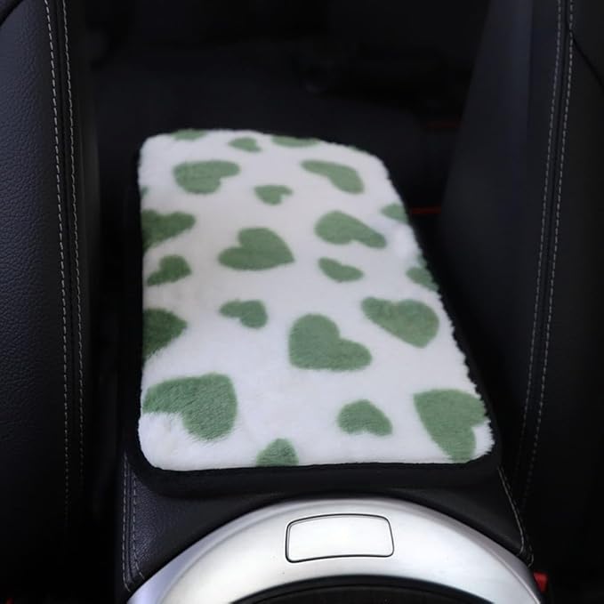Furry Car Armrest Cover, Winter Warm Plush Heart Armrest Box Mat, Car Center Console Cushion Pad, Cars Interior Accessories(Green)