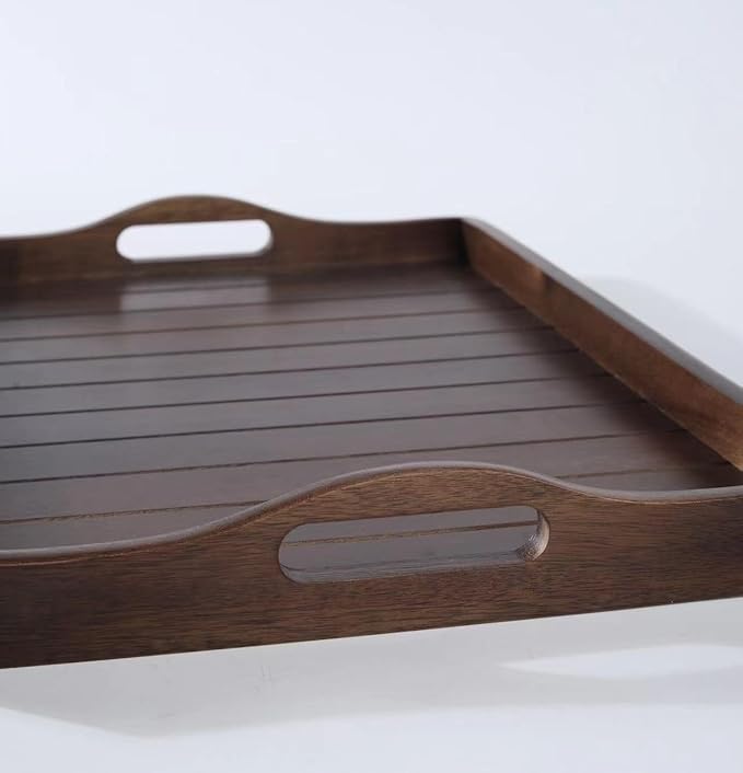 Large Acacia Wooden Serving Tray with Handles 20 x 14 inch Decorative Coffee Table Ottoman Tray for Living Room Extra Large for Kitchen Dinner Food Bar Breakfast in Bed (Dark Brown)