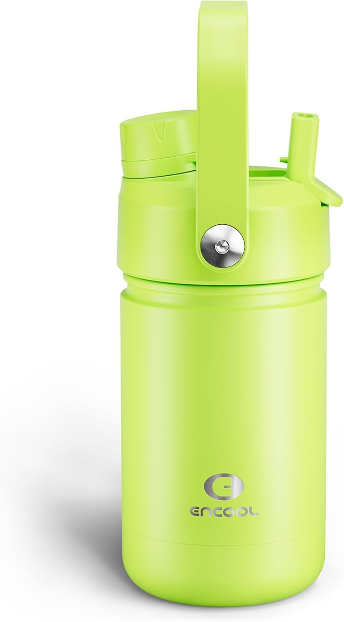 Kids Insulated Water Bottle with Straw - 12oz Stainless Steel Water Bottle with Dual Spouts, Leak-Proof, BPA-Free, Double Wall Vacuum Keeps Cold for 24 Hours for Sports, Travel, School (Sharp Green)