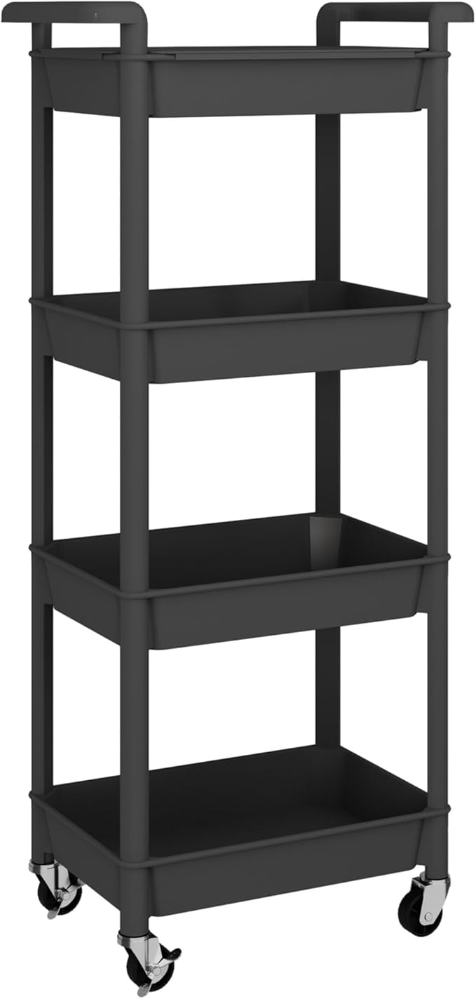 MIOCASA Utility Rolling Cart with Detachable Tray Top, 4-Tier Kitchen Storage Organization, Art Cart with Wheels for Office, Classroom, Livingroom, Kitchen, Bathroom (Black, 4-Tier-Plastic)