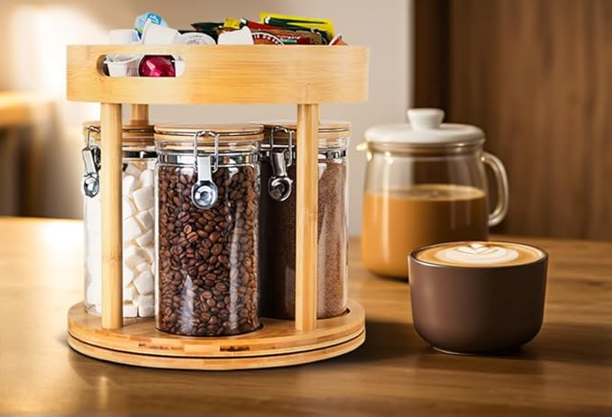 KKC HOME ACCENTS Clear Glass Food Storage Containers with Lids and Wooden Rack Set, Airtight Jar Canister with Bamboo Clamp Lid for Cereal, Dry Food, Coffee Bean, and Sugar,40 Fluid Ounce