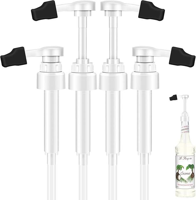 Coffee Syrup Pump for 750 ml Bottle – 4 Pack Syrup Dispenser Pumps Compatible with Monin Glass Bottles – No Clog, Precise Dispensing, Includes 4 Tip Covers – for Coffee Bar, Kitchen, White