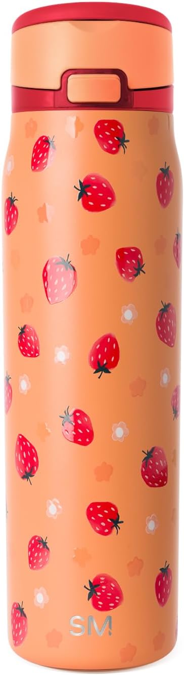 Simple Modern Mesa Loop Water Bottle with Covered Straw and Handle | 30oz Cup Holder Friendly Insulated Stainless Steel Bottles for Travel, Sports and School | Strawberry Fields