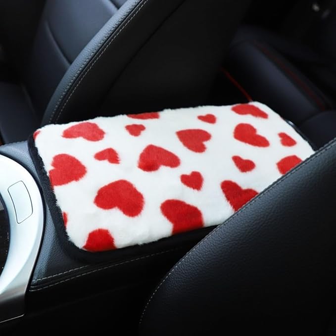 Furry Car Armrest Cover, Winter Warm Plush Heart Armrest Box Mat, Car Center Console Cushion Pad, Cars Interior Accessories(Green)