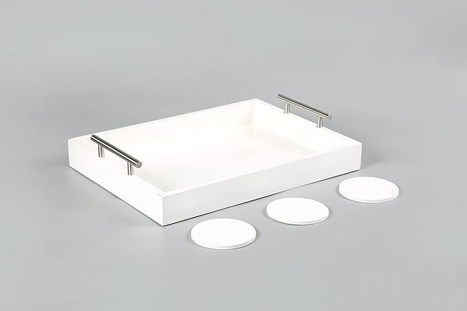 Serving Tray 16.5“X 13“ Deluxe Wooden Ottoman Tray,Coffee Table with Polished Silver Metal Handles-4 Round Coasters Included, White