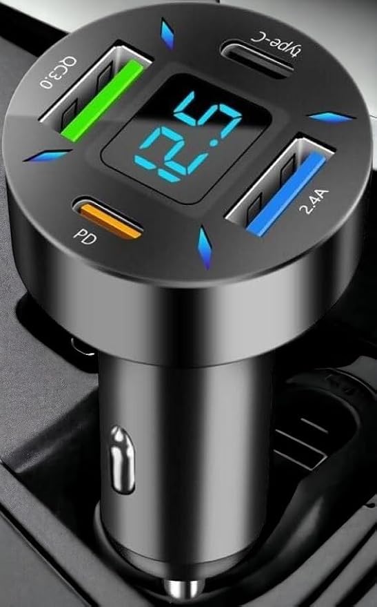 66W Fast Car Charger 4-Port USB C – PD 20W + QC 3.0 + 2 USB 2.4A, Cigarette Lighter Adapter with LED Voltage Meter, Compatible with iPhone 15/14/13, Samsung Galaxy, iPad & Android Devices RDRKR
