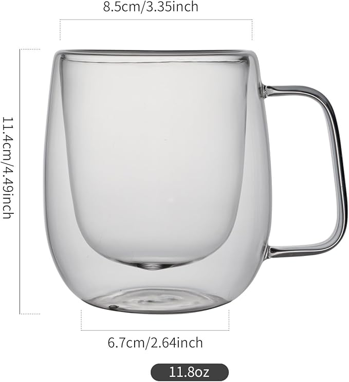 Double Wall Glass Coffee Mugs -11.8Oz Clear Insulated Glass Espresso Cups with Handle Mugs for Hot Beverages,set of 2 Perfect for Cappuccino Latte Americano Tea Bag (Large (2 PACK))