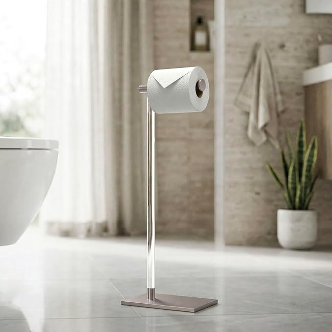 Gatco 1331SN Toilet Paper Holder Stand, Satin Nickel, Acrylic Post, Weighted Base, Freestanding Bathroom Floor Stand, 22.25 Inch