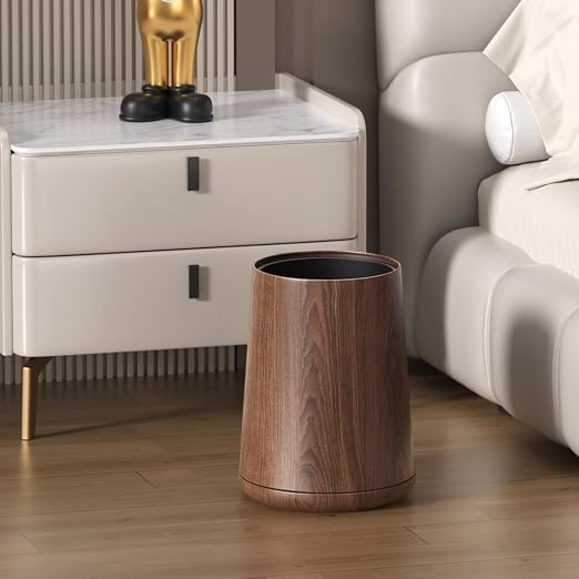 8L/2.1GAL Modern Metal Waste Bin with Realistic Wood Texture,Built-in Bag Holder,Open-Top Trash Bin for Bathroom,Home,Office,Living Room (2.1gal Cone)
