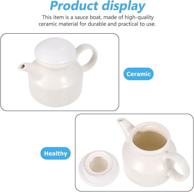 DOITOOL Creamer Pitcher Sauce Pitcher Ceramic Sauce Cups Gravy Vinegar Condiment Cups Kitchen Container Ceramic Milk Jug with Handle Lid Gravy Boat with Ladle and Saucer