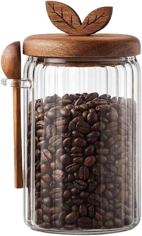 Glass Coffee Canister with Wooden Lid & Spoon, Airtight Food Storage Jar for Coffee, Sugar, Salt, Tea & Snacks (27floz)