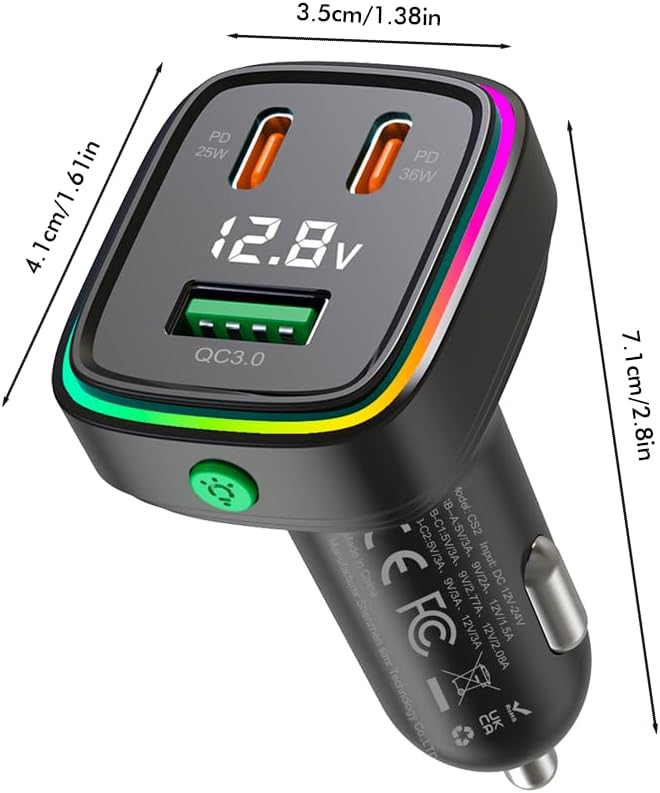 60W Fast Car Charger USB C Quick Charging Adapter PD 36W Fast Charging with Led and Voltage Display for iPhone16 15 X Samsung
