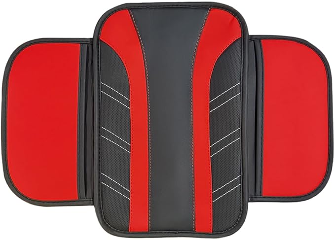 Car Center Console Cover, Soft Leather Sporty Armrest Protector Cushion with 2 Storage Pockets, Comfortable Auto Interior Middle Console Arm Rest Box Pad, Universal for Vehicles (Red)