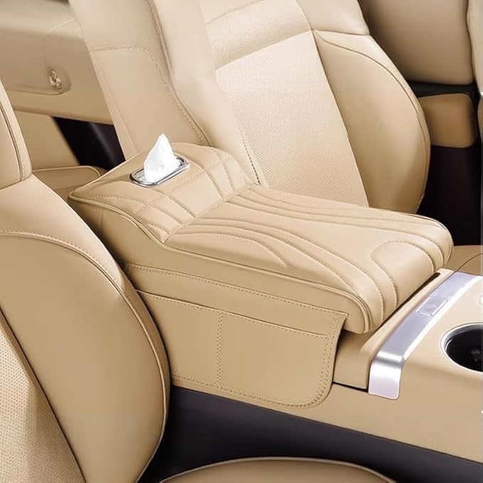 Car Armrest Cushion for Jeep Grand Cherokee L 2024 2023 2022, Car Middle Center Console Cover with Storage Bags and Tissue Box, Auto Interior Armrest Protector Pad,B Beige