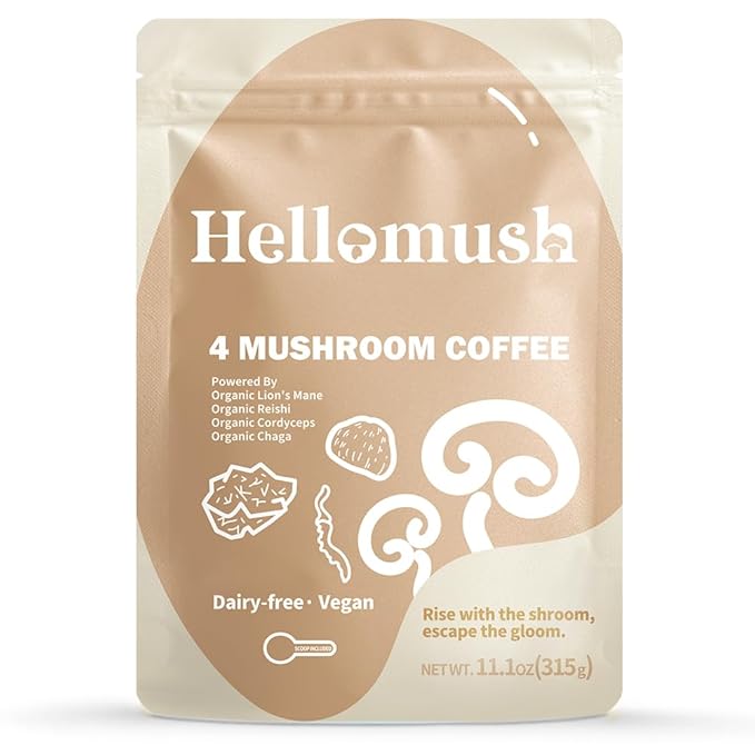 Hellomush Organic Instant Mushroom Coffee with Lions Mane, Reishi, Chaga and Cordyceps Coffee 30 Servings 3.7 oz