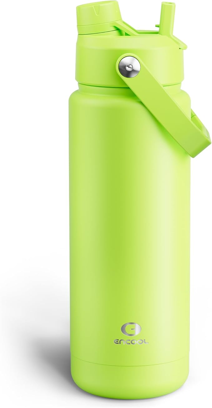 ENCOOL Insulated Water Bottle with Straw Stainless Steel Water Bottle, Leak-Proof, BPA-Free, Double Wall Vacuum Keeps Cold for 24 Hours for Sports, Travel, School (32 oz, Sharp Green)