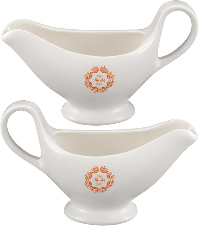 Bokon 2 Pack Thanksgiving White Gravy Boat 8 oz Sauce Boat White Ceramic Sauce Jug with Smooth Handle Creamer Pitcher for Salad Dressing Milk Broth Microwave Dishwasher Safe for Festive Gatherings