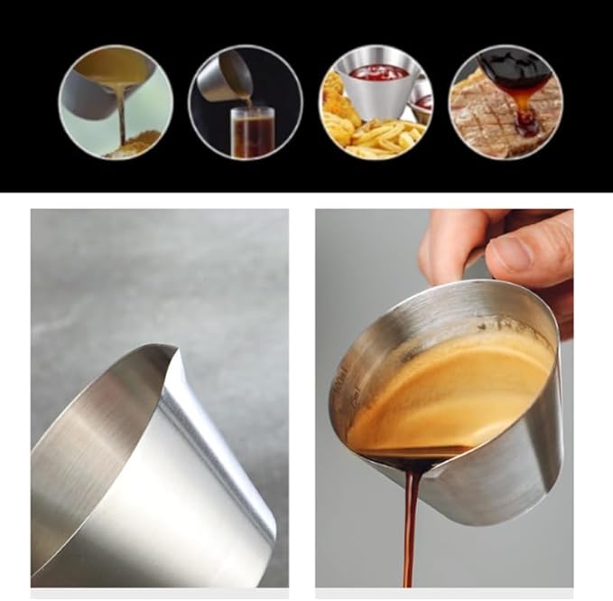 2 Pcs Espresso Cups with Handle, BetterJonny 3.4OZ / 100ML Stainless Steel Coffee Bean Dosing Cup Espresso Machine Accessories,V-Shaped Mouth Metal Measuring Cup with Scale for Bar Home Party