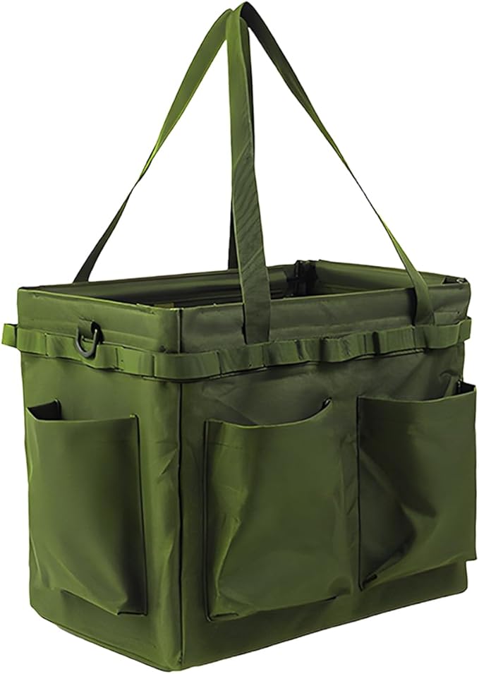 Collapsible Car Trunk Organizer - Large Foldable Grilling Tools Storage Bin Basket with 4 Pockets & Long Strap, Heavy-Duty Trunk Tote Bag for SUV Truck Camping Gear BBq Tools Organizer(Green)