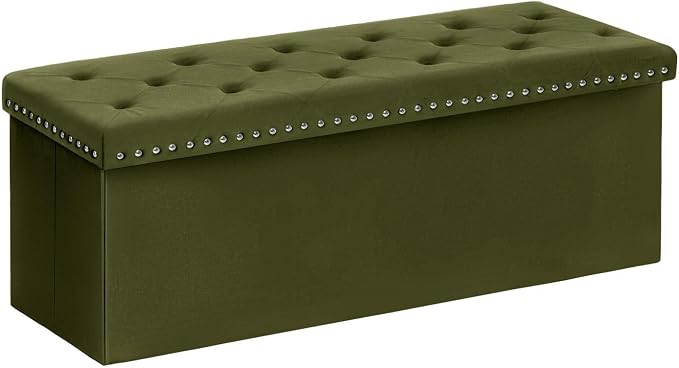 B FSOBEIIALEO Storage Ottoman Bench, Folding Tufted Ottomans with Storage, Extra Large 140L Storage Boxes Footrest Bench for Bedroom, Luxury Velvet Fabric 43 Inches Olive