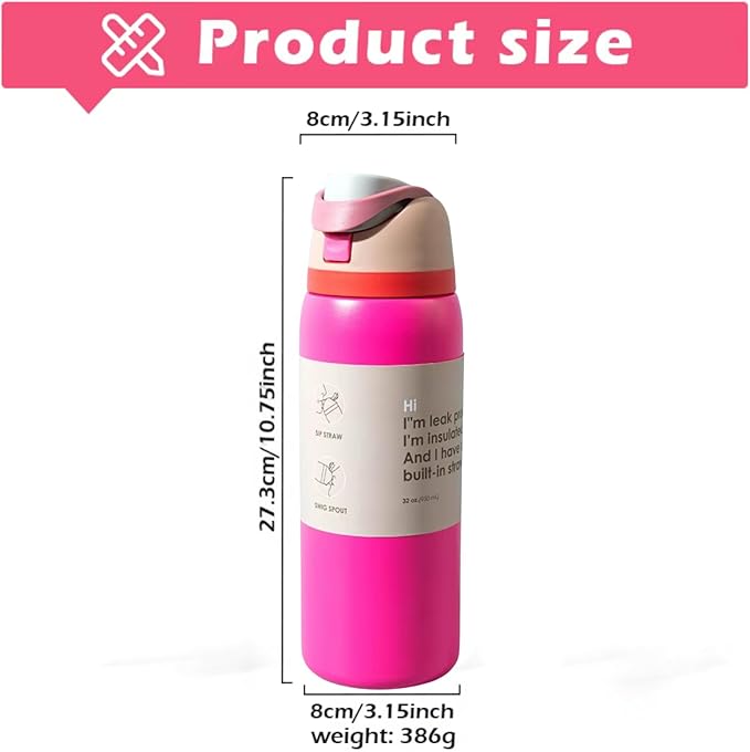 DUTHINGS Insulated Stainless Steel Water Bottle with Straw, 32 oz, Reusable Sports and Travel Bottle for School, Kids, and Outdoors - Leakproof and BPA-Free (FUCHSIA/32)