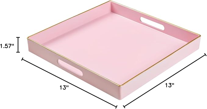 MAONAME Decorative Tray, Pink Serving Tray with Handles, Coffee Table Trays, Square Plastic Trays for Ottoman, Bathroom, Kitchen, 13" x 13" x 1.57"