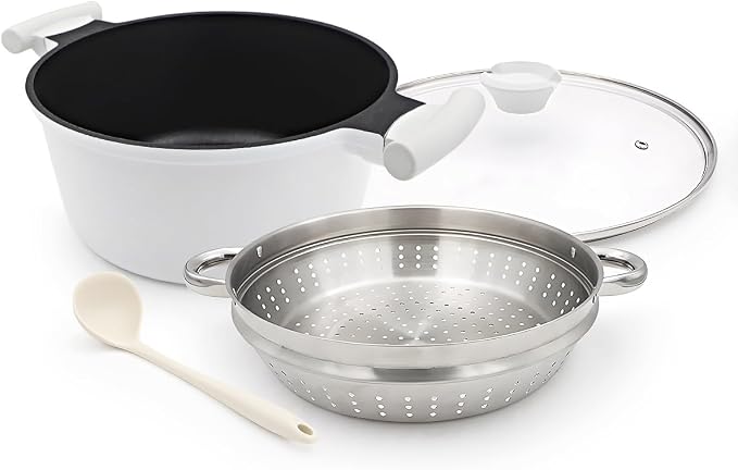 7 QT Steamer Pot for Cooking, Large Steaming Pot with Lid, Nonstick Cooking Pot with Vegetable & Dumpling Steamer Basket, Big Food Steamer Cookware, Induction Compatible, PFOA Free, White