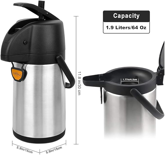 Airpot Coffee Dispenser Thermal with Pump,1.9L/64 Oz Insulated Stainless Steel Large Airpot Coffee Carafe Lever Action for Hot/Cold Water,Thermal Carafe for Hot Cocoa for Parties