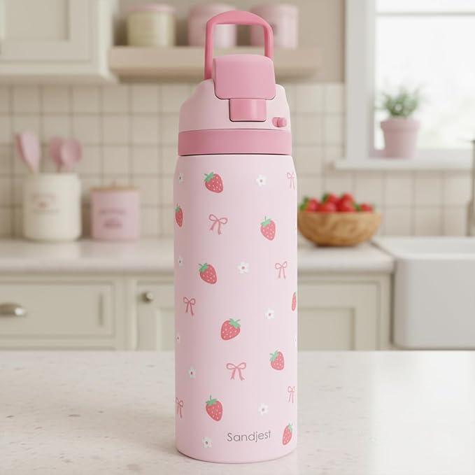 Strawberry Bow Insulated Stainless Steel Water Bottle with Straw for Sports and Travel, 32oz, Gifts for Women Girls Friends Teens Birthday Christmas