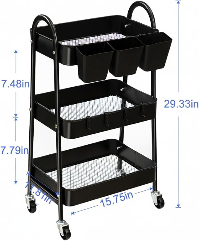 danpinera 3-Tier Rolling Cart, Utility Cart Mobile Metal Rolling Storage Cart with Lockable Wheels & Hanging Cups & Hooks for Kitchen, Bathroom, Office, Workshop, Black