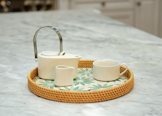 Magenta & Teal Round Rattan Serving Tray with Mother of Pearl Inlay, Wicker Coffee Table Decor, Farmhouse Style (Light Blue Flower Pink)