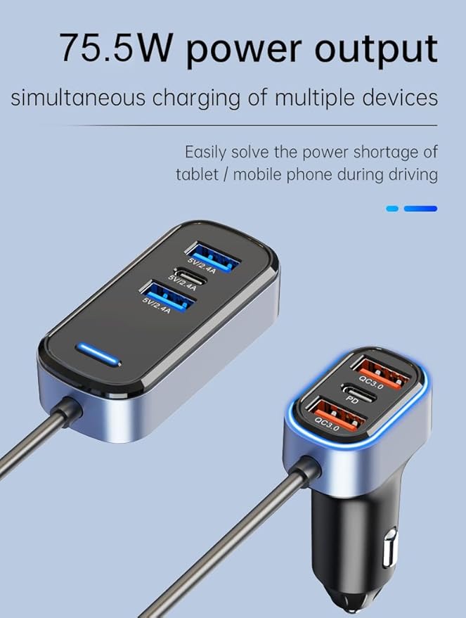 75.5W 6-Port Multiport Car Charger, PD Fast USB B C Car Charger for Multiple Devices,Cigarette Lighter Adapter Car Travel Essentials for Road Trips with 5FT Cable,Car Accessories for Smartphone