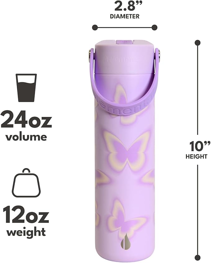 Elemental 24oz Insulated Water Bottle with Straw - 100% Leak-Proof Stainless Steel Core Water Bottles for Travel, Sports and Gym - Double Wall Insulation & BPA Free - Butterfly Kiss