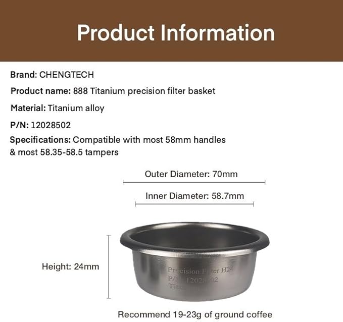 58mm 15g 888Ti Titanium Espresso Filter Basket – Precision 888 Holes, Straight-Walled Flat Bottom, Ridgeless Design for Consistent Extraction