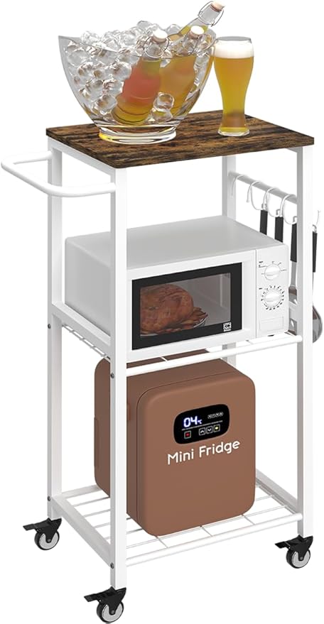 Kitchen Microwave Stand Cart with Storage Rack | 3-Tier Rolling Kitchen Side Table on Wheels with 8 Hooks, Utility Small Coffee Shelf Organizer for Living Room, Bedroom, Bathroom, Office, White