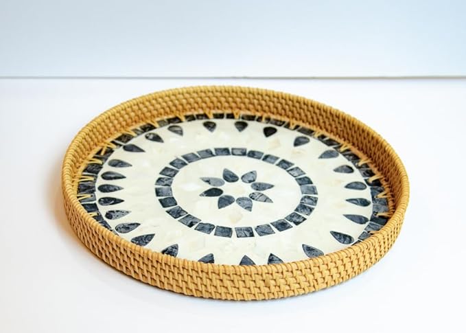 Magenta & Teal Round Rattan Serving Tray with Mother of Pearl Inlay, Wicker Coffee Table Decor, Farmhouse Style (Blue Tan Star)