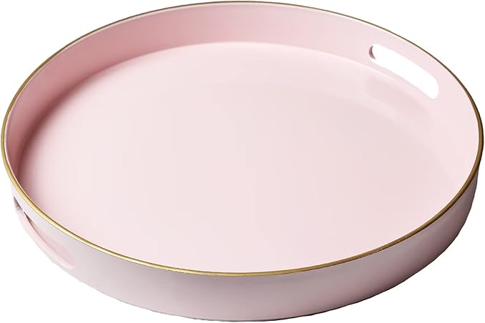 Spsyrine Round Pink Decorative Tray, 13" Plastic Serving Table Tray with Handles for Breakfast, Ottoman, Coffee Table, Bathroom, Kitchen, Living Room