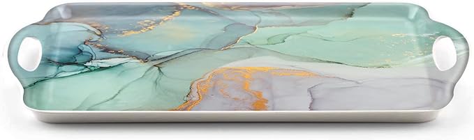 Serving Tray Decorative Tray with Handles Multi-Purpose Rectangular Serving Trays for Restaurant, Parties, Coffee Table, Kitchen - Teal Marble Pattern