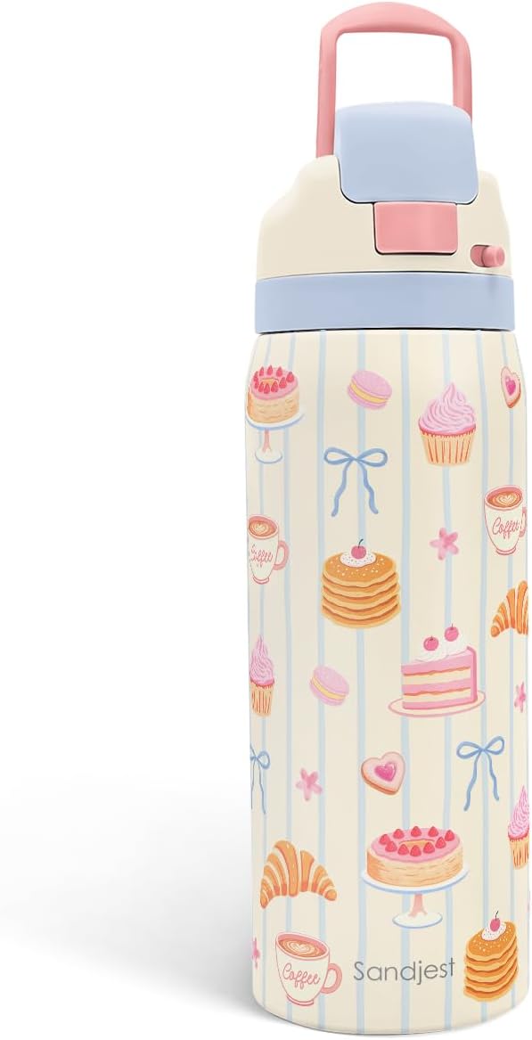 Desserts Stainless Steel Water Bottle, Vacuum Insulated, Push-Button Lid, 32 oz, Gifts for Women Girls Friends Teens Birthday Christmas