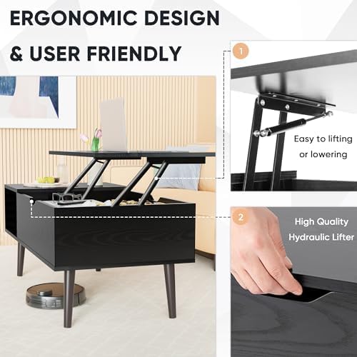 Sweetcrispy Coffee Table Lift Top Coffee Tables for Living Room,Small Rising Wooden Center Tables with Storage Shelf and Hidden Compartment, Black