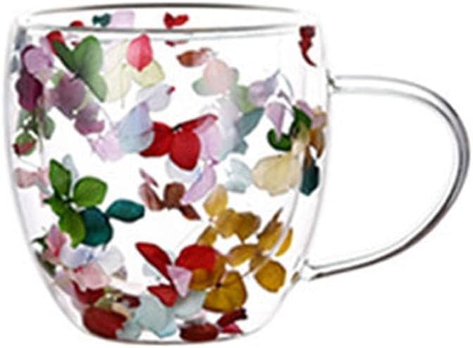Dried Flowers Double Wall Clear Glass Coffee Mugs,Creative Clear Glass Cups with Handle, Double Insulated Glass Cup, 350ml Glass Coffee Cups