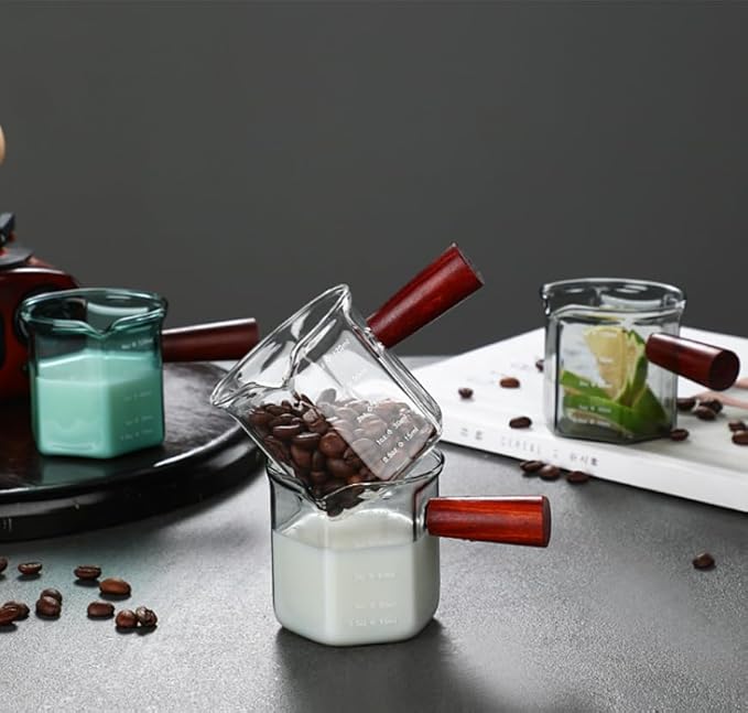 4OZ /120ML Ash Black Double Spouts Espresso Measuring Cup hexagonal Milk Cup with Red Sandalwood Handle Shot Glasses Clear Double Spout Espresso Glass Measuring Tools n Scales