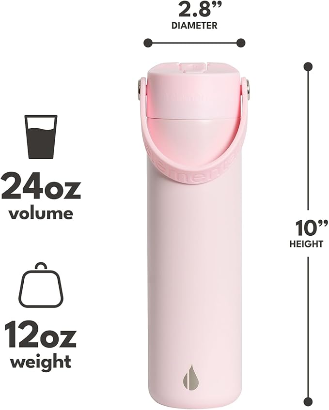 Elemental 24oz Insulated Water Bottle with Straw - 100% Leak-Proof Stainless Steel Core Water Bottles for Travel, Sports and Gym - Double Wall Insulation & BPA Free - Blush Pink