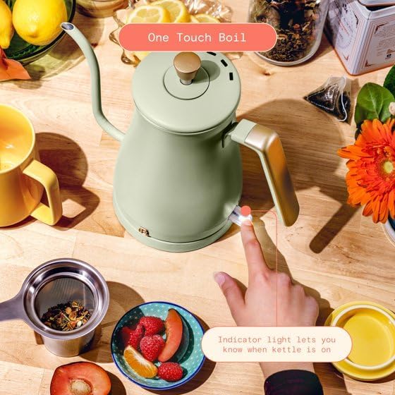 Be.autiful 1-Liter Electric Gooseneck Kettle 1200 W, Powerful 1200-watt boiling system,Long-lasting stainless steel with soft matte premium finish exterior, 360-degree power base,(Sage Green)