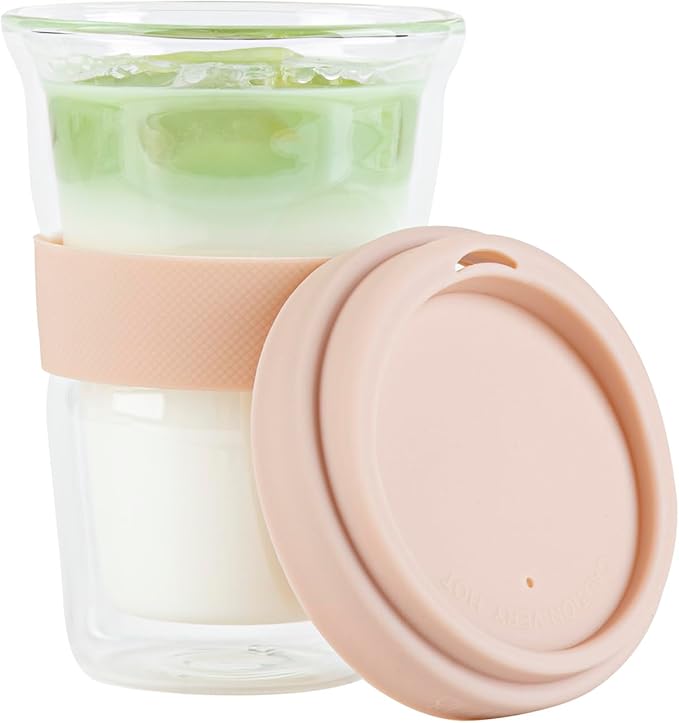 Restaurantware Glass Travel Mug 1 Count 14 Ounce Double Wall Borosilicate Reusable Coffee Cup, Spill-Resistant Tan Silicone Lid, Clear Drinkware Mug for Hot and Cold Beverages
