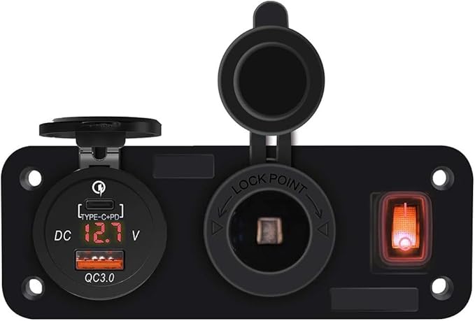 QC3.0 PD Dual USB Fast Charger Socket Multi Port Panel Cigarette Lighter Splitter with Voltmeter Switch for Car Motorcycle Boat(Red Light)