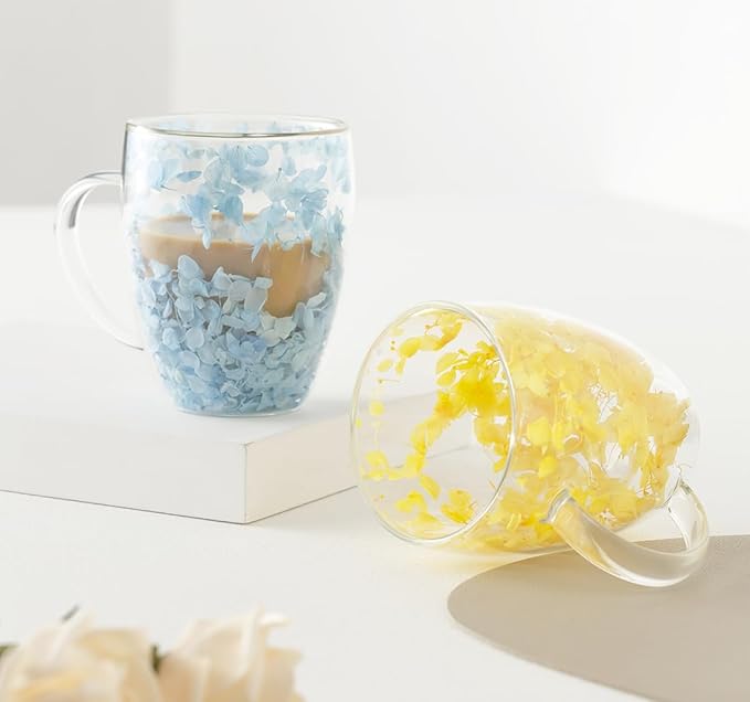 Double Glass Flower Tea Cup, Aesthetic Preserved Flower Cup, Cute Insulated Tea Cup with Handle, Heat Resistant & Lead-free Coffee Mugs, Gifts for Birthday Mother's Day, Perfect for Women Wife Mom (E)