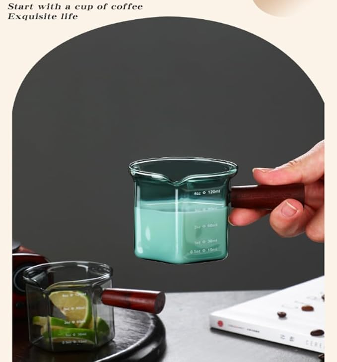 4OZ /120ML Ash Black Double Spouts Espresso Measuring Cup hexagonal Milk Cup with Red Sandalwood Handle Shot Glasses Clear Double Spout Espresso Glass Measuring Tools n Scales