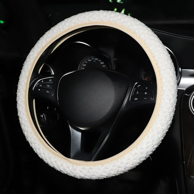 15 Inch Soft Dot Plush Steering Wheel Cover Anti-Slip Comfortable Winter Grip Universal Fit for Most Car Truck Vehicle SUV (Beige)