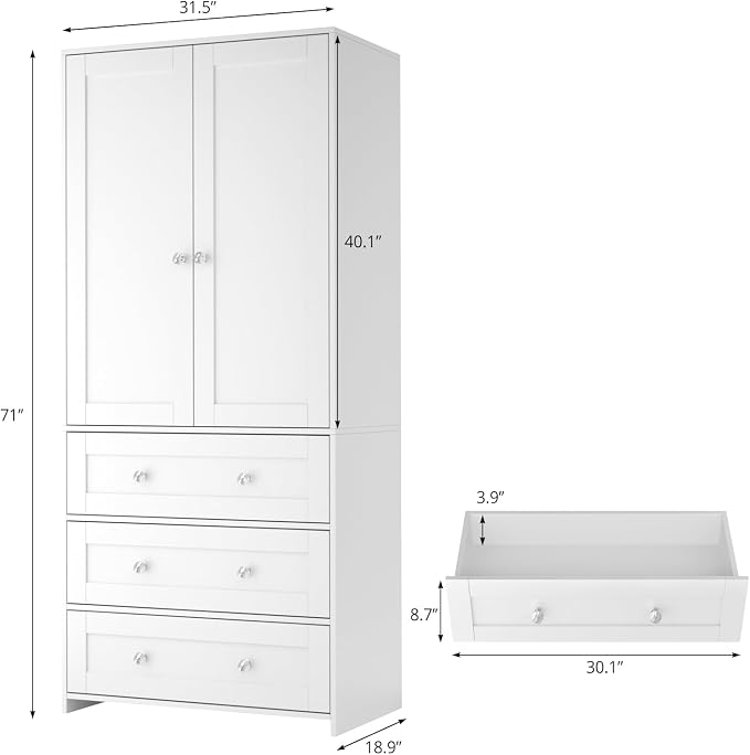 VOWNER Armoire Wardrobe Closet with Drawers and Mirror, 71" Clothing Storage Cabinet with Hanging Rod, 2 Doors Wooden Wardrobe Cabinet for Bedroom, Large Capacity Storage